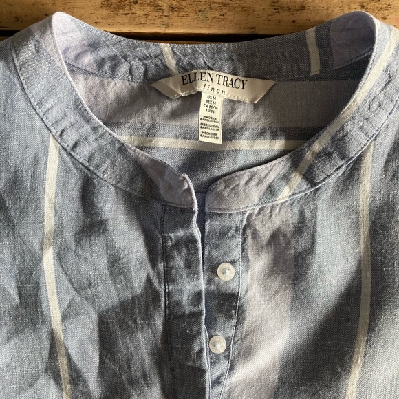 Ellen Tracy 100% linen sleeveless tunic half bitton blue and white stripes, M - Picture 8 of 9